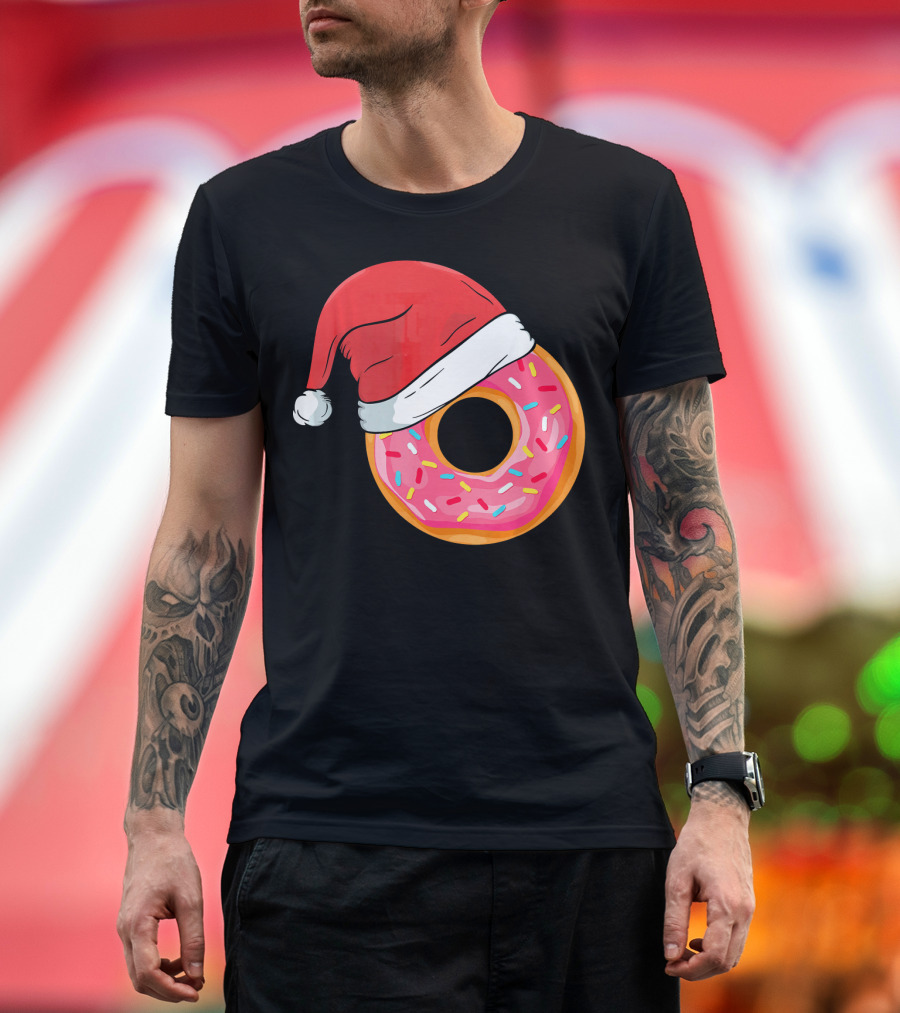 Santa Hat on Sprinkled Donut Holiday Humor T-Shirt