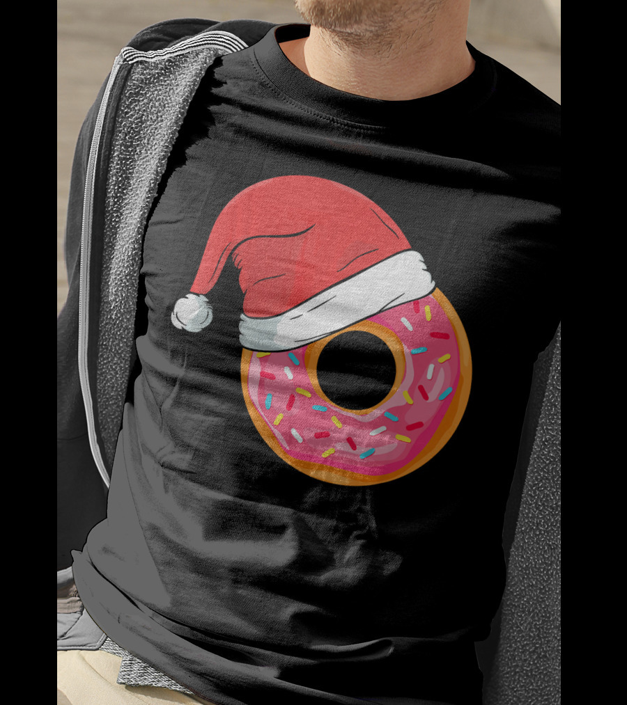 Santa Hat On Sprinkled Donut Holiday Humor T-Shirt