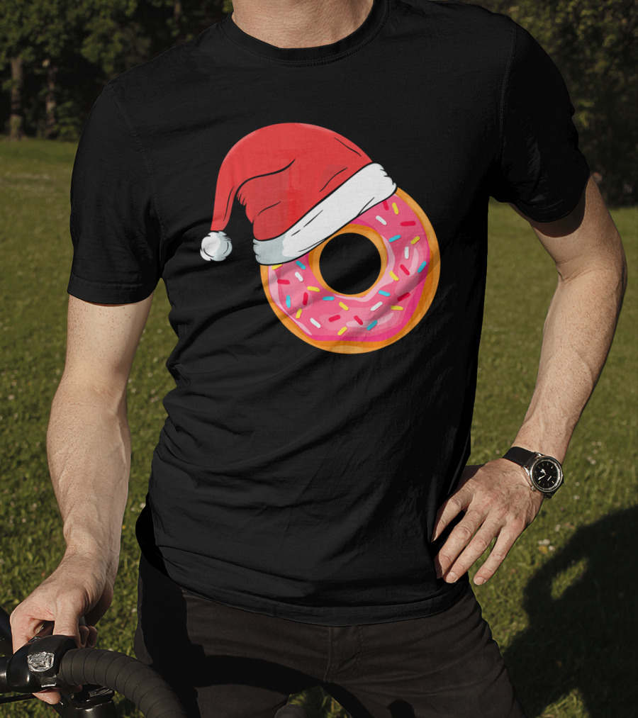 Santa Hat On Sprinkled Donut Holiday Humor T-Shirt