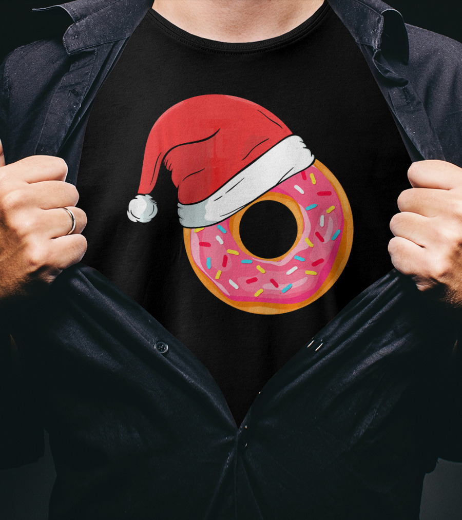 Santa Hat On Sprinkled Donut Holiday Humor T-Shirt