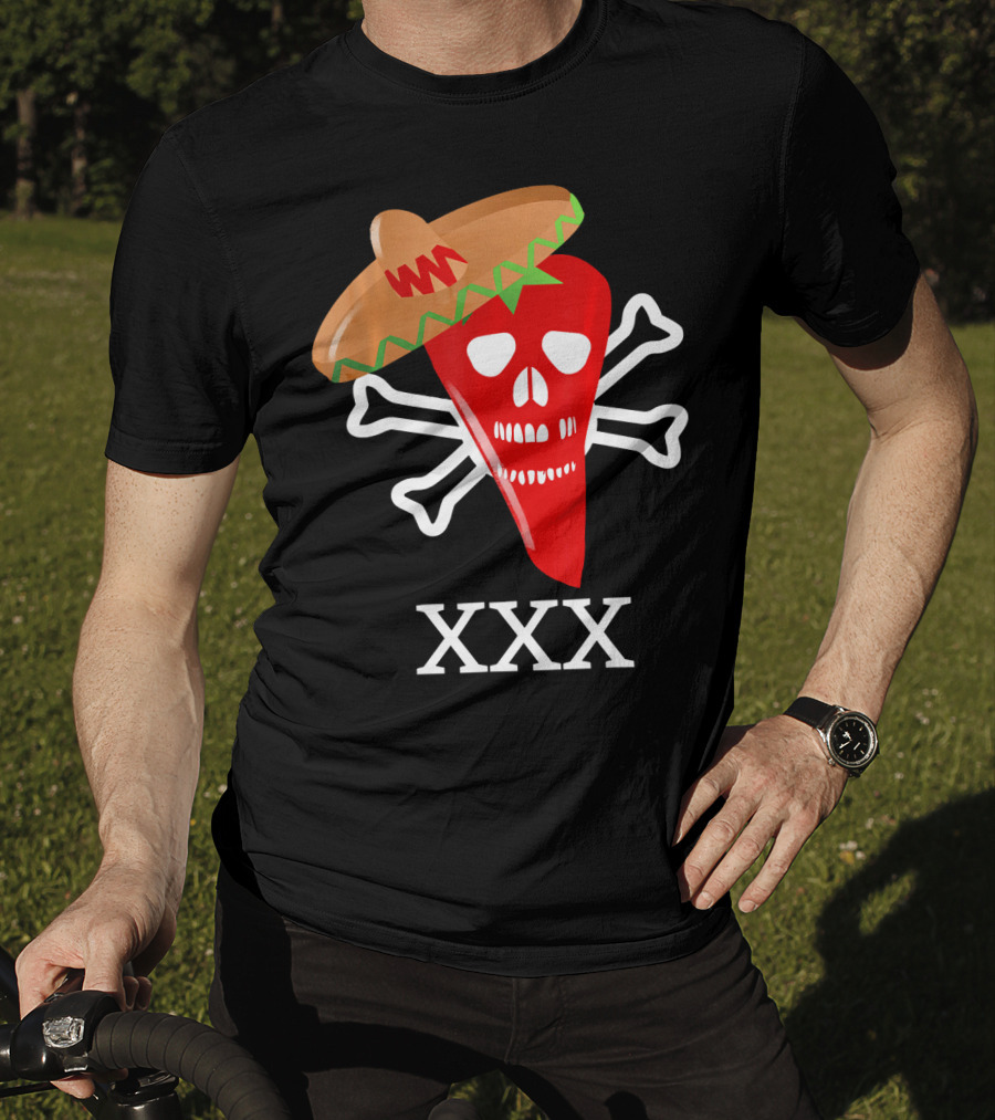 Funny Red Hot Chili Pepper Sombrero Skull Crossbones XXX T-Shirt