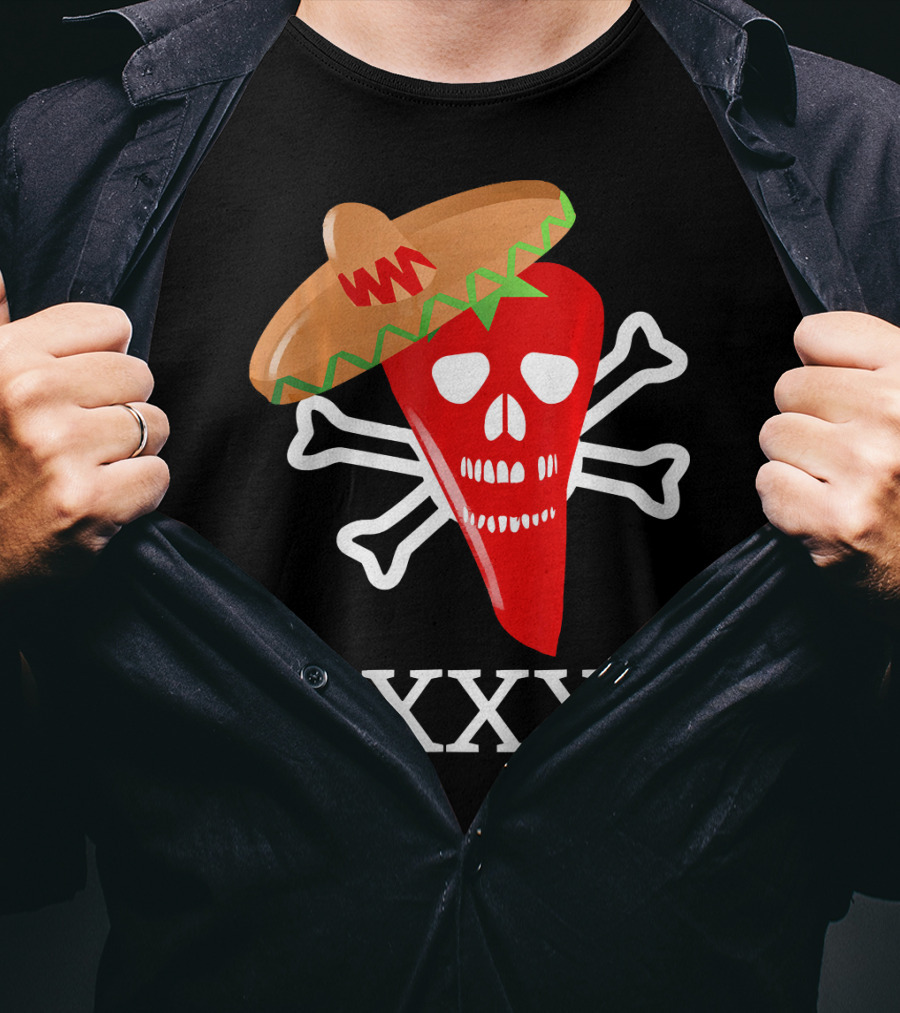 Funny Red Hot Chili Pepper Sombrero Skull Crossbones XXX T-Shirt