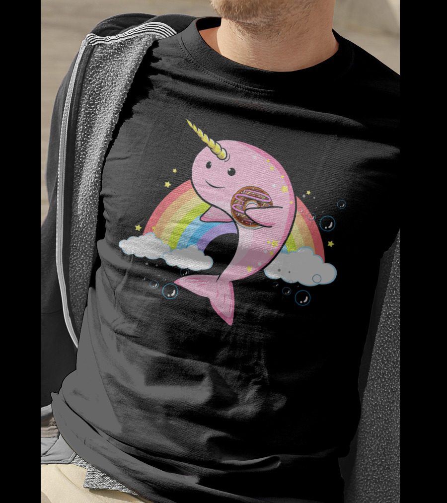 Funny Narwhal Unicorn Of The Sea With Donut On Rainbow Cloud T-Shirt
