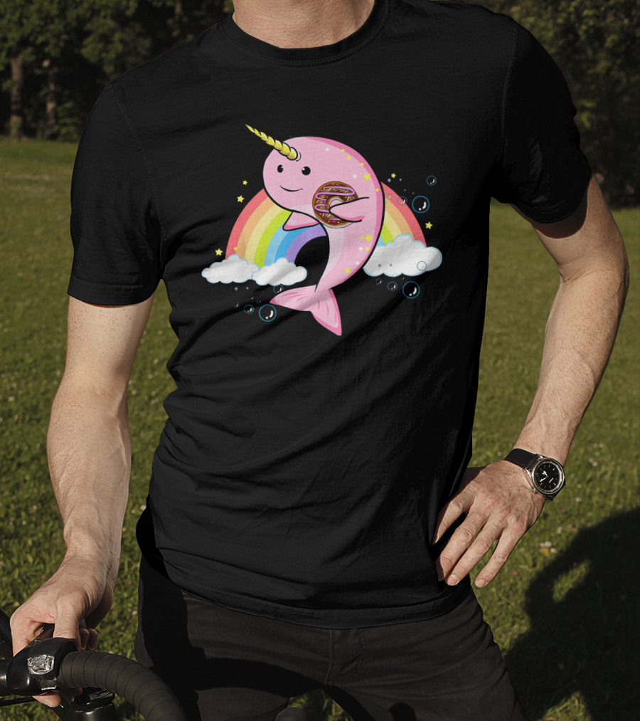 Funny Narwhal Unicorn Of The Sea With Donut On Rainbow Cloud T-Shirt