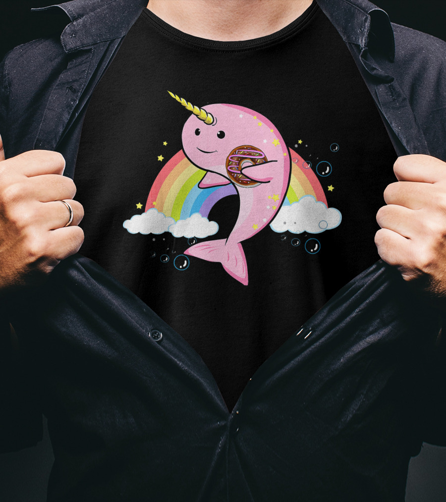 Funny Narwhal Unicorn Of The Sea With Donut On Rainbow Cloud T-Shirt