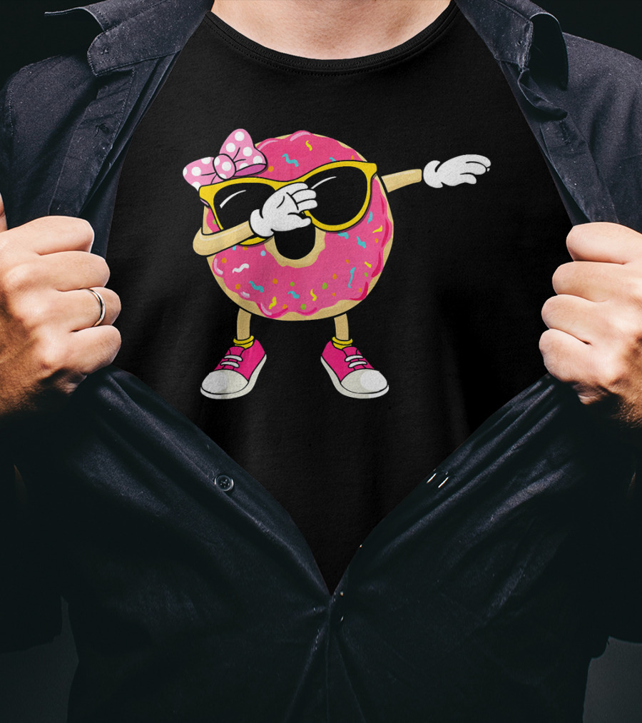 Dabbing Donut With Pink Frosting Sunglasses And Bow T-Shirt