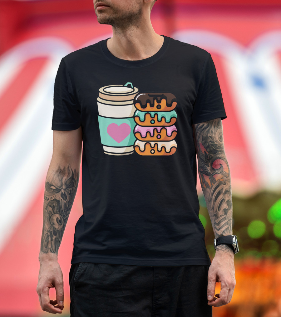 Coffee Donut Lover Heart Stack Doughnut T-Shirt