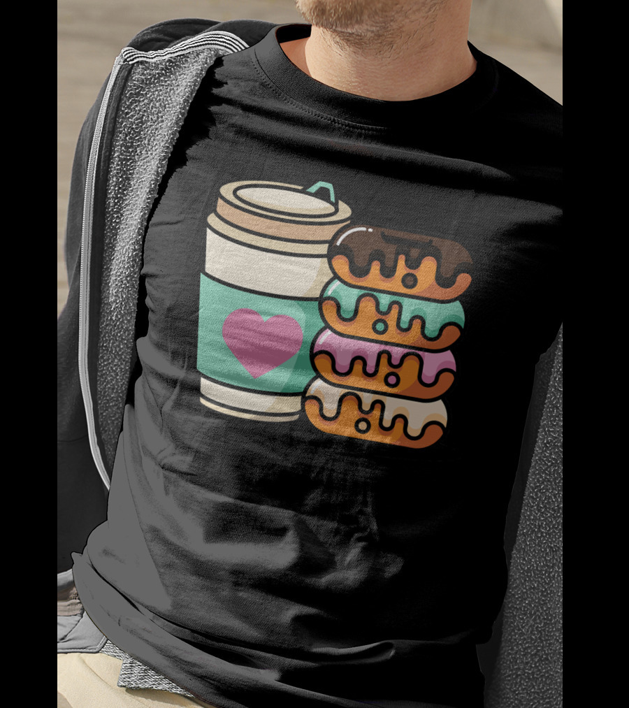 Coffee Donut Lover Heart Stack Doughnut T-Shirt