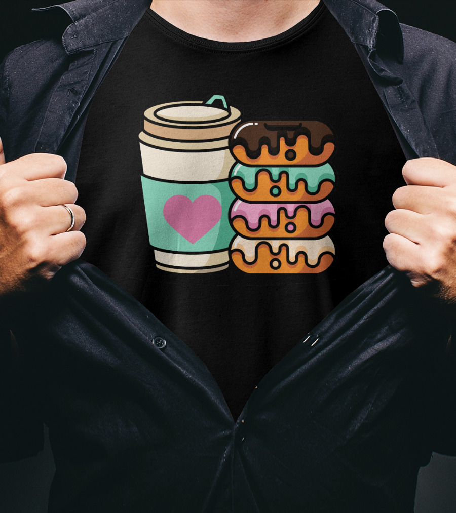Coffee Donut Lover Heart Stack Doughnut T-Shirt