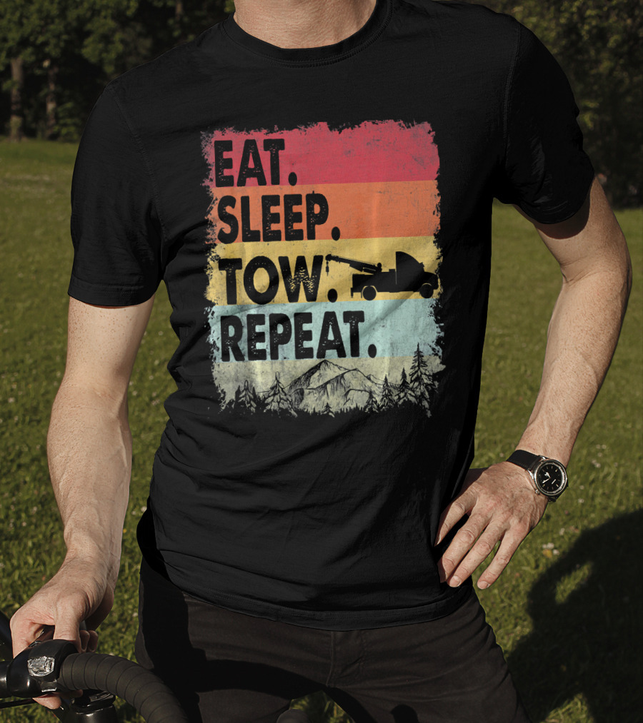 Eat Sleep Tow Repeat Funny Tow Truck Vintage Sunset Mountains Forest T-Shirt