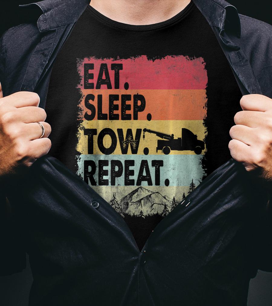 Eat Sleep Tow Repeat Funny Tow Truck Vintage Sunset Mountains Forest T-Shirt