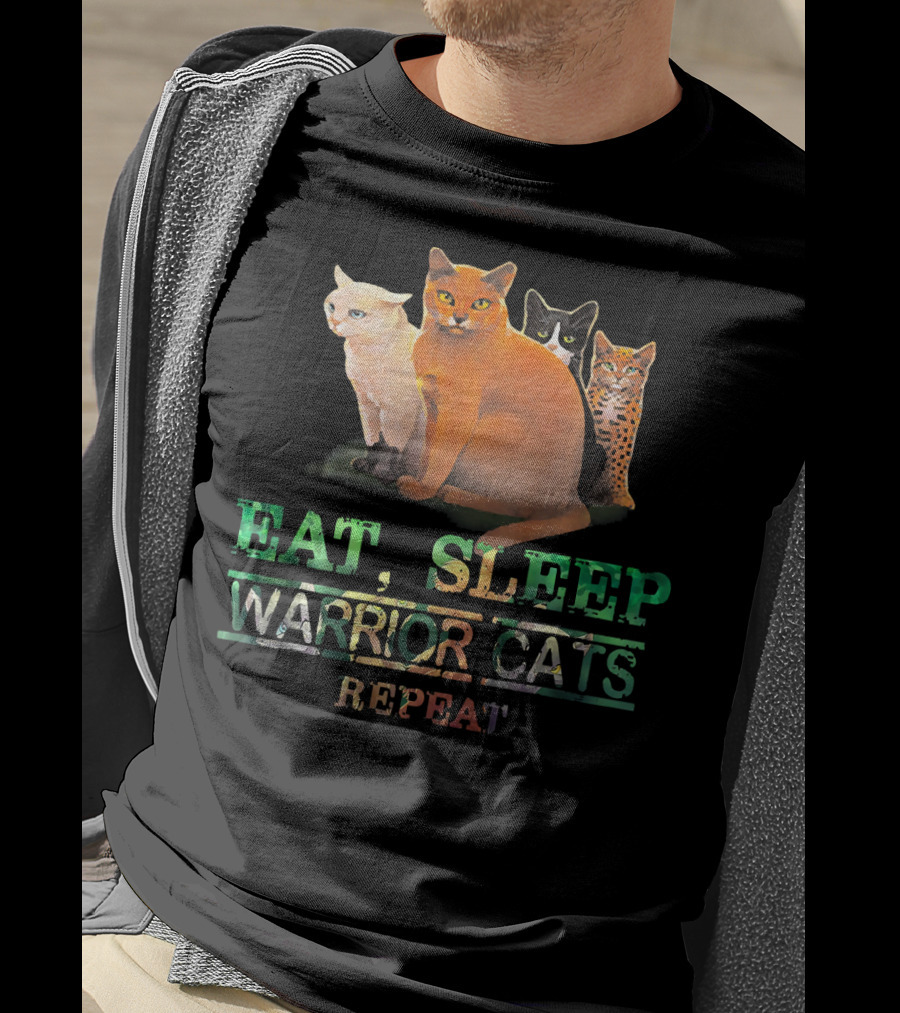 Eat Sleep Warrior Cats Repeat Funny Cat Illustration With Four Colorful Feline Characters T-Shirt