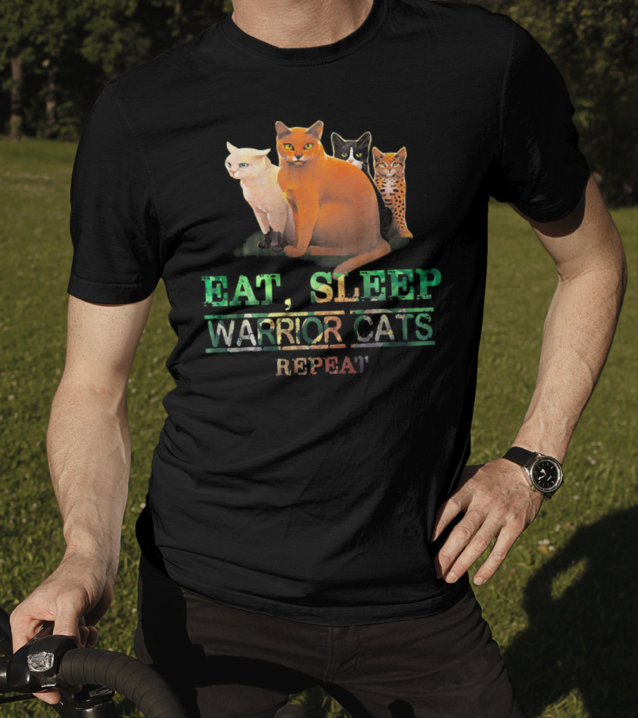 Eat Sleep Warrior Cats Repeat Funny Cat Illustration With Four Colorful Feline Characters T-Shirt