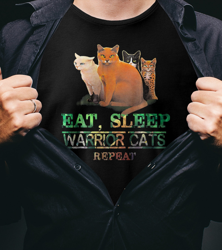 Eat Sleep Warrior Cats Repeat Funny Cat Illustration With Four Colorful Feline Characters T-Shirt