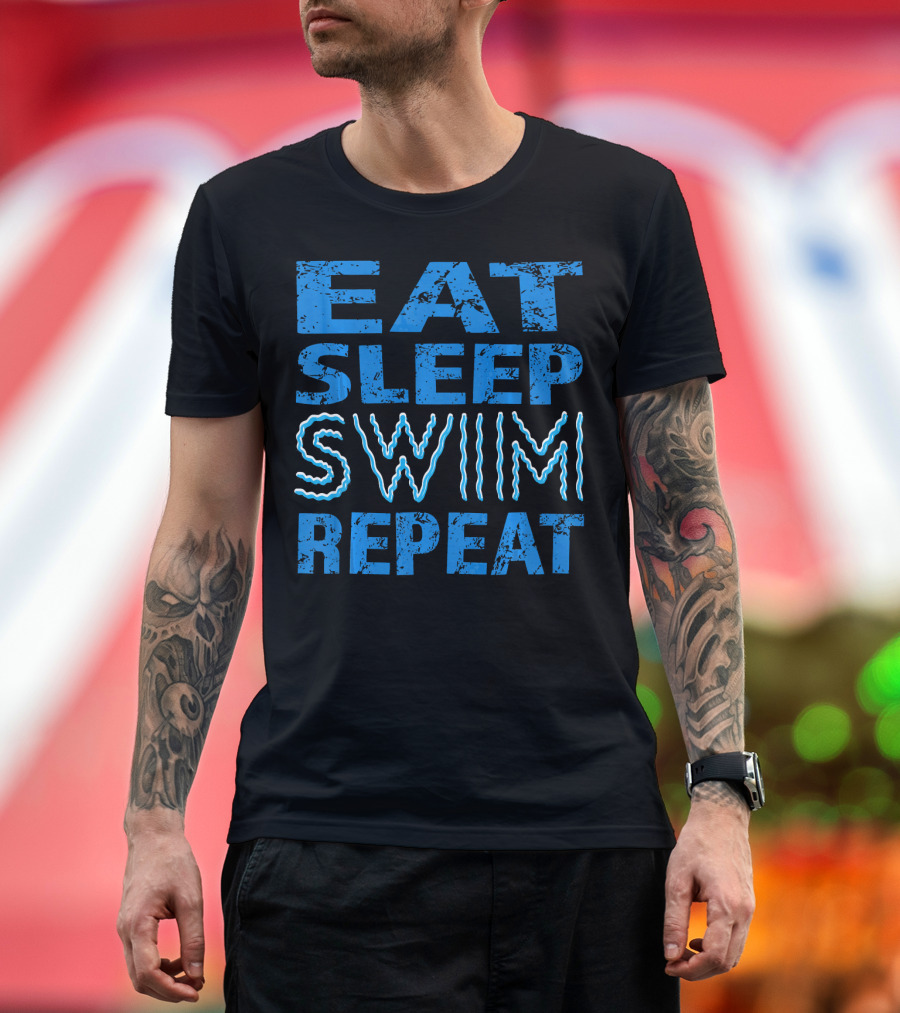 Eat Sleep Swim Repeat Wavy Text Blue T-Shirt