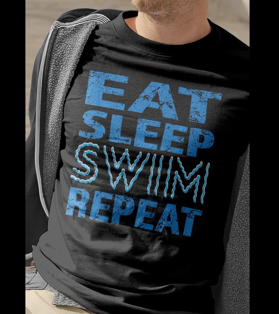 Eat Sleep Swim Repeat Wavy Text Blue T-Shirt