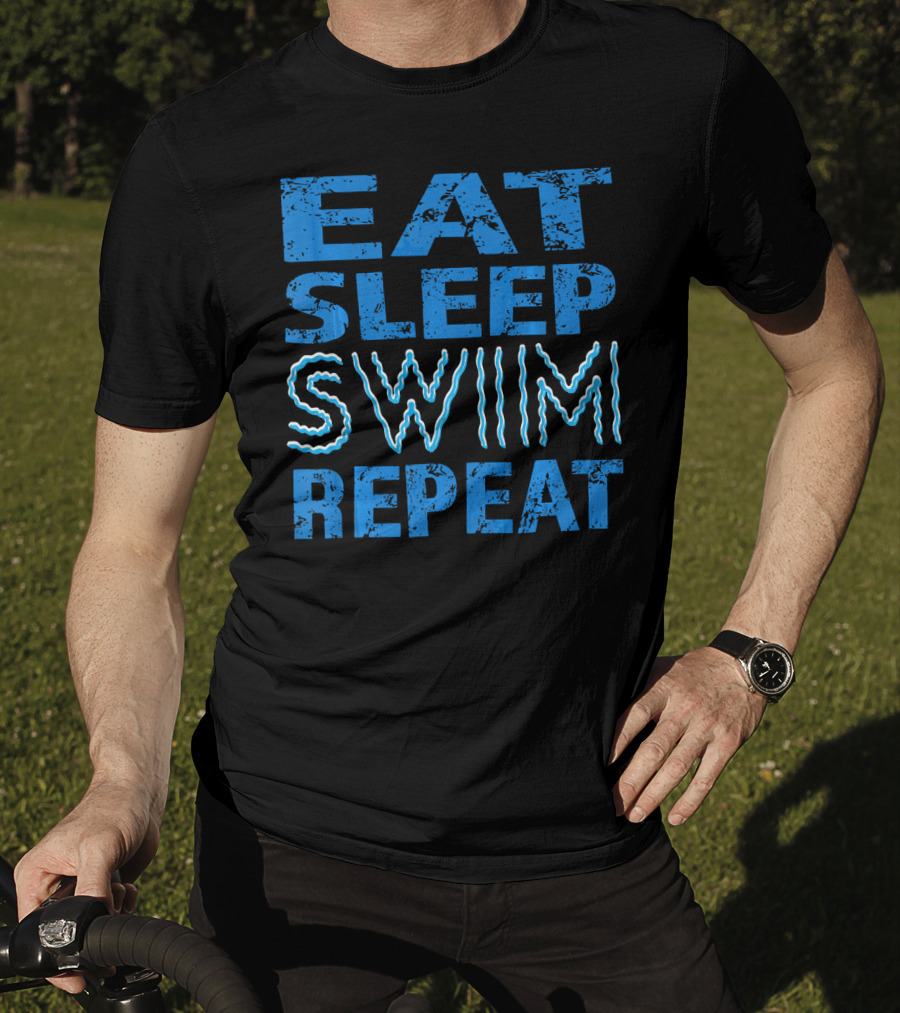 Eat Sleep Swim Repeat Wavy Text Blue T-Shirt