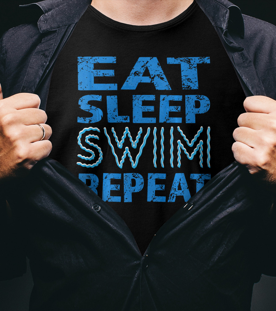 Eat Sleep Swim Repeat Wavy Text Blue T-Shirt