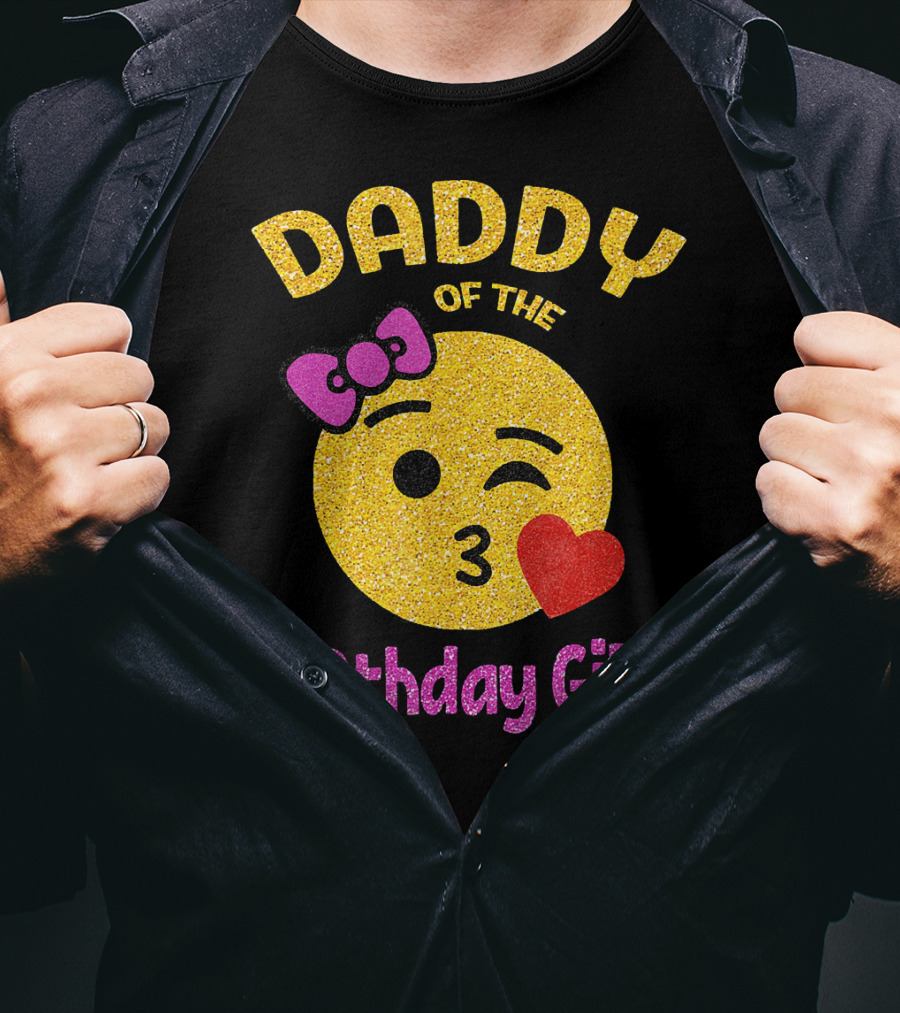 Daddy Of The Birthday Girl Emoji Pink Glitter Heart Bow T-Shirt