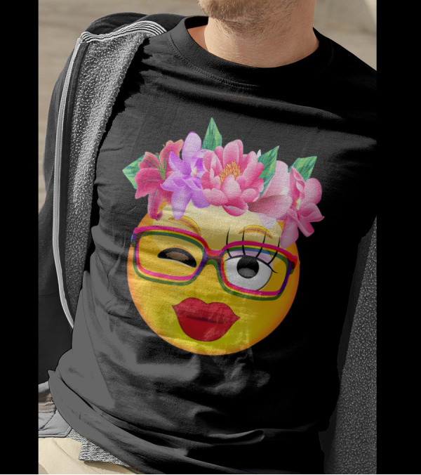 Emoji Face Smiley Emoticon Nerd Winking Glasses And Flower Crown T-Shirt