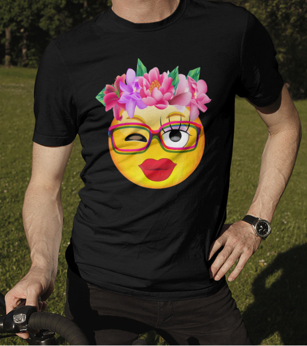 Emoji Face Smiley Emoticon Nerd Winking Glasses And Flower Crown T-Shirt