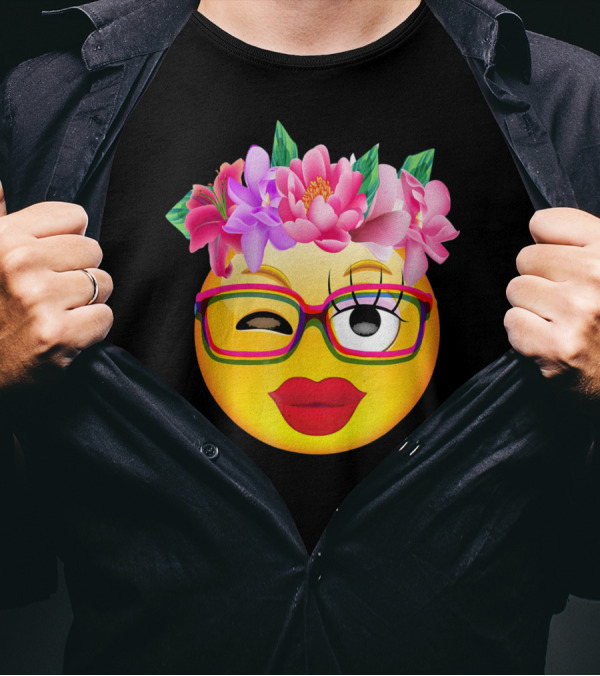 Emoji Face Smiley Emoticon Nerd Winking Glasses And Flower Crown T-Shirt