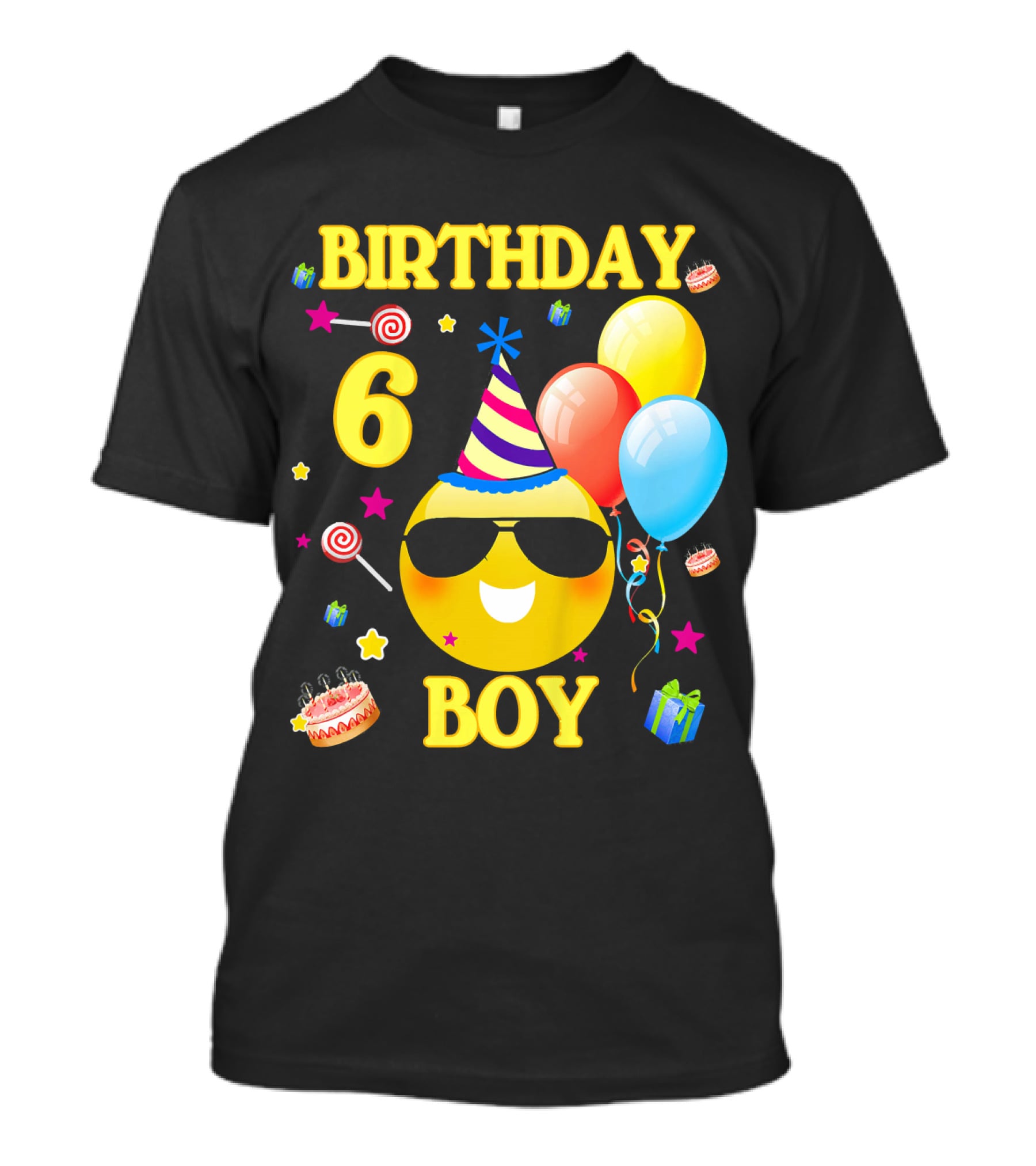 Birthday 6 Boy Emoji With Party Hat And Balloons T-Shirt