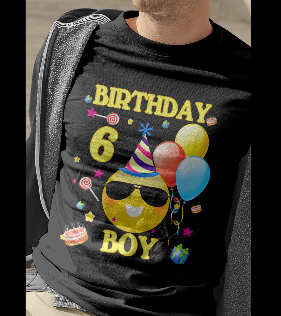 Birthday 6 Boy Emoji With Party Hat And Balloons T-Shirt