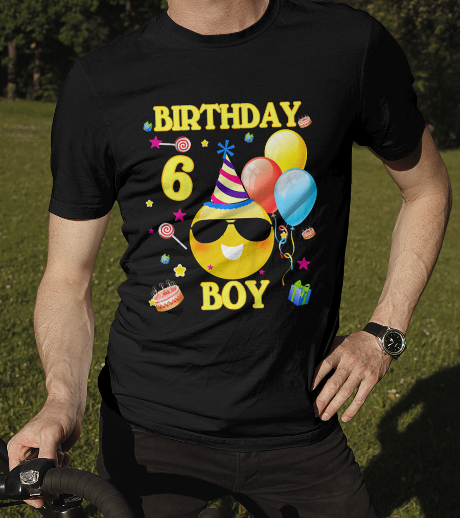 Birthday 6 Boy Emoji With Party Hat And Balloons T-Shirt