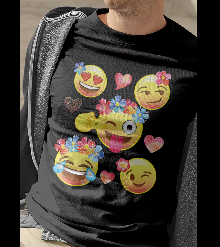 Cute Emoji Flower Crowns Heart Eyes Wink Tongue Out Laughing Crying Hearts T-Shirt