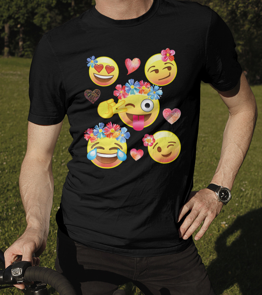 Cute Emoji Flower Crowns Heart Eyes Wink Tongue Out Laughing Crying Hearts T-Shirt