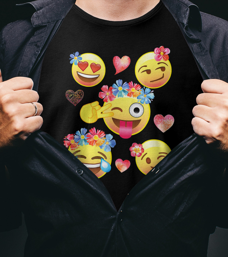 Cute Emoji Flower Crowns Heart Eyes Wink Tongue Out Laughing Crying Hearts T-Shirt