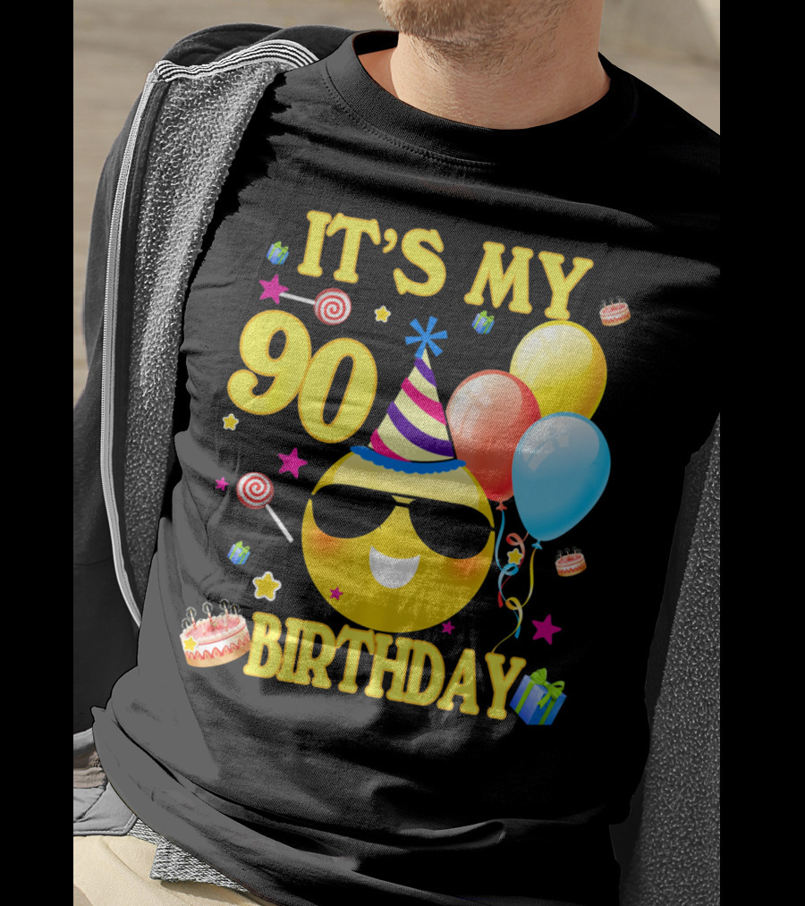 It's My 90 Birthday Cute Emoji Cake Balloons Party Hat T-Shirt