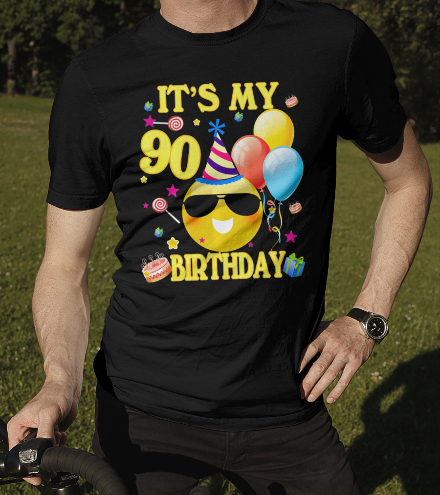 It's My 90 Birthday Cute Emoji Cake Balloons Party Hat T-Shirt