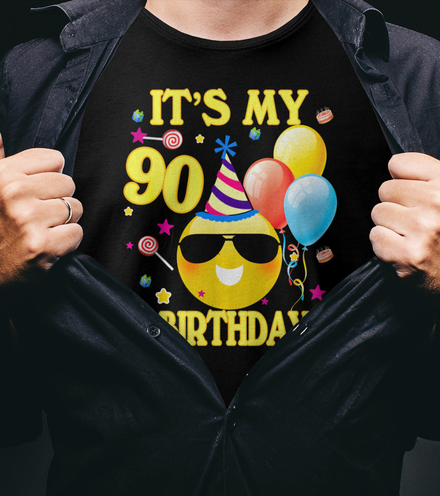 It's My 90 Birthday Cute Emoji Cake Balloons Party Hat T-Shirt