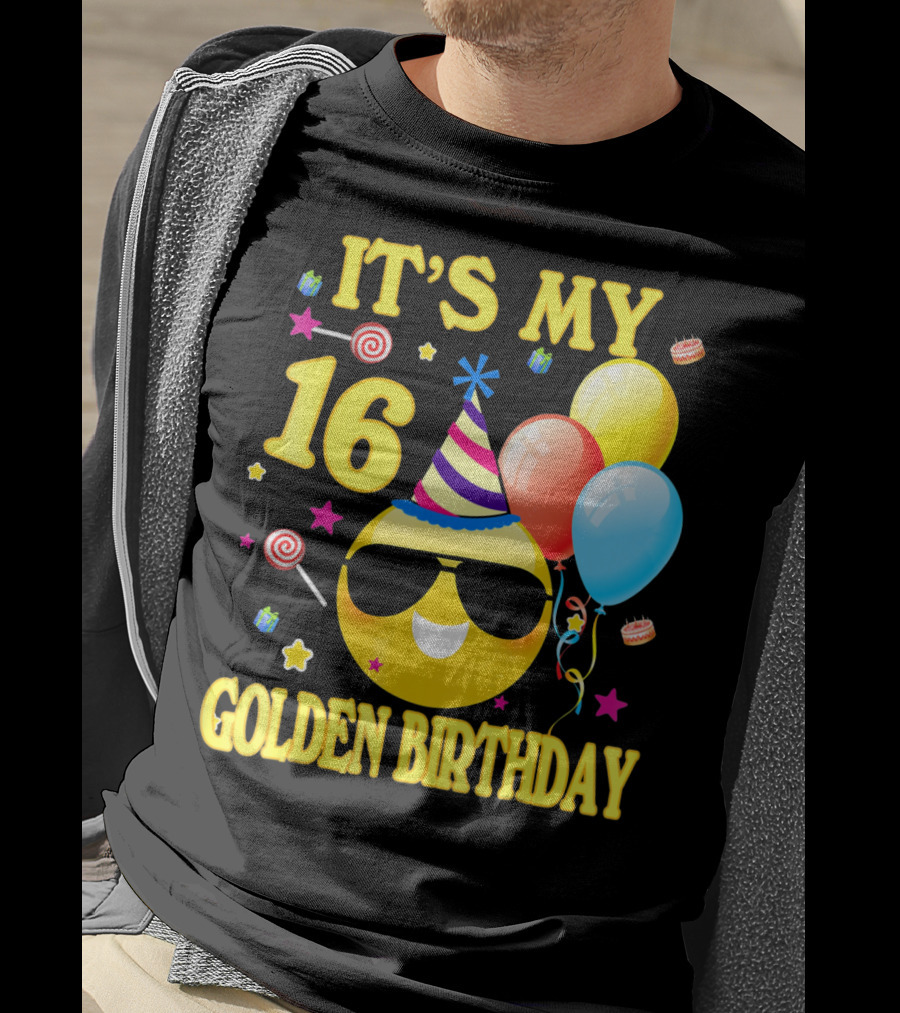 It's My 16 Golden Birthday Emoji Balloons Party Hat T-Shirt