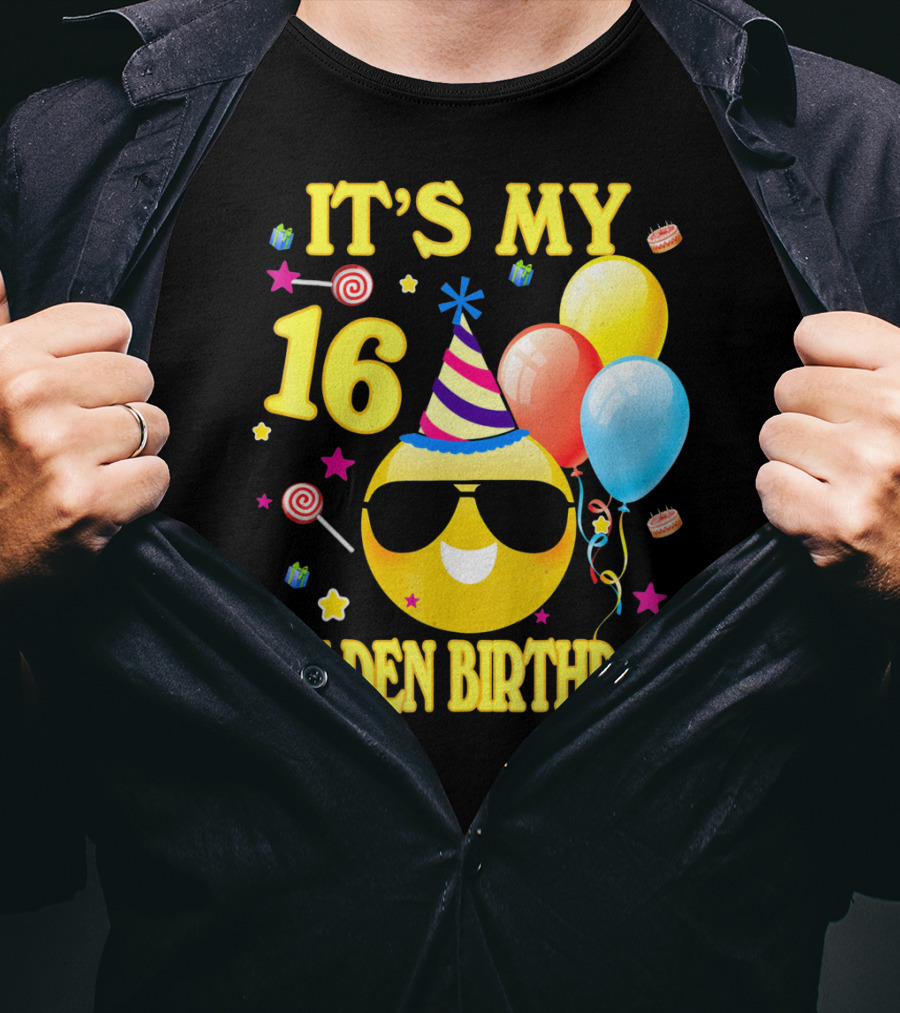 It's My 16 Golden Birthday Emoji Balloons Party Hat T-Shirt