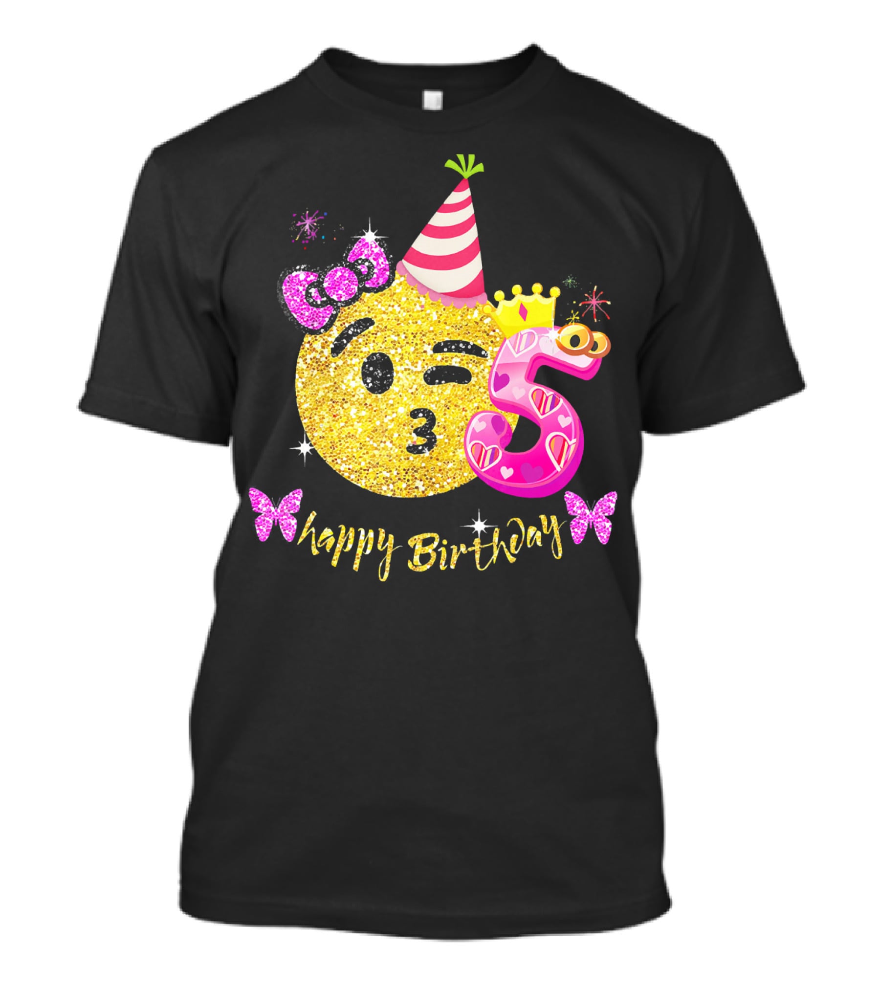 Happy Birthday Five Years Emoji Glitter T-Shirt
