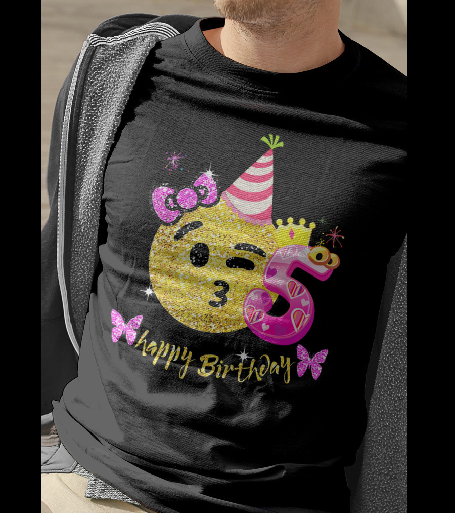 Happy Birthday Five Years Emoji Glitter T-Shirt