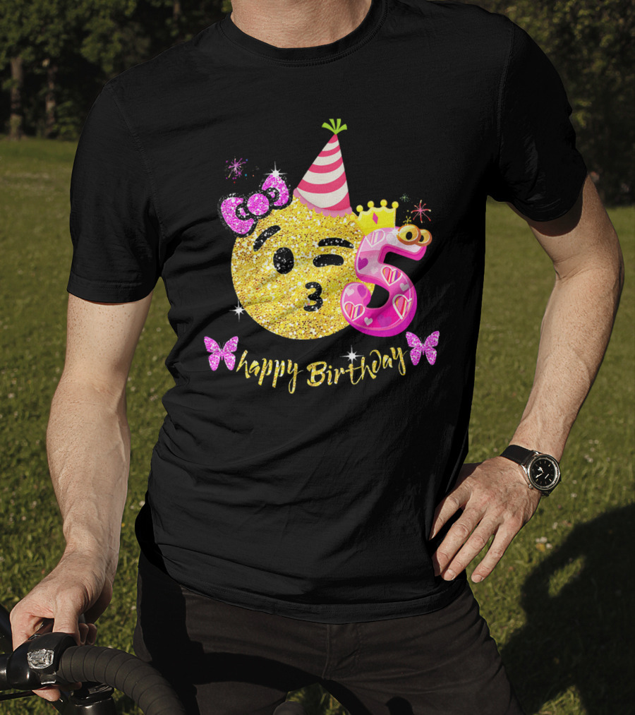 Happy Birthday Five Years Emoji Glitter T-Shirt