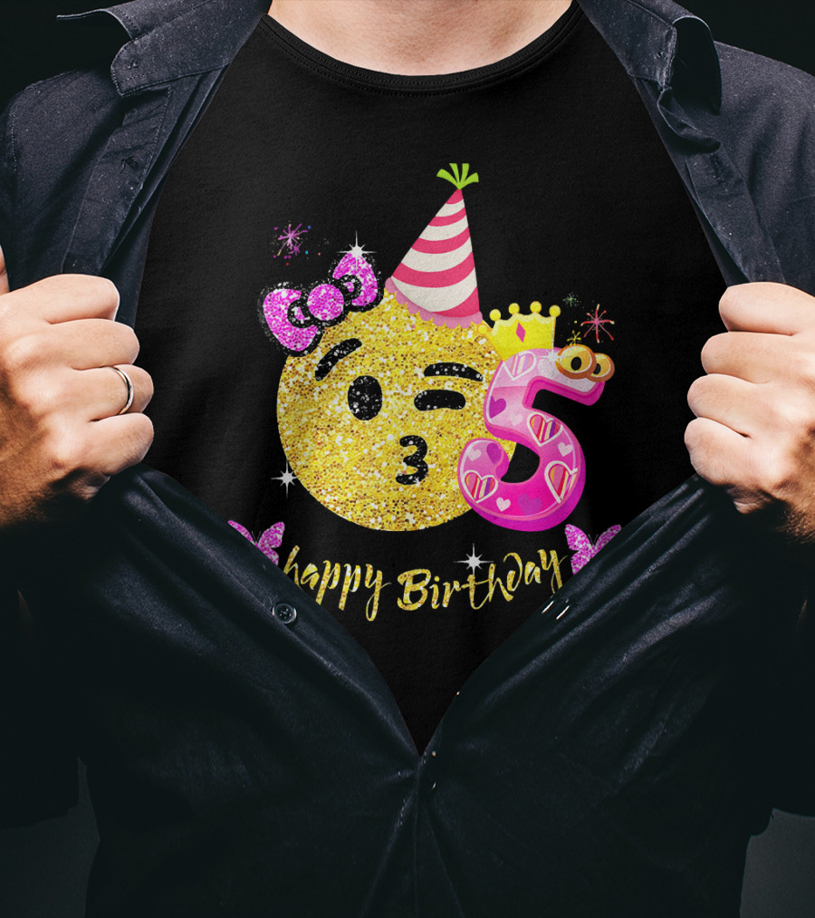 Happy Birthday Five Years Emoji Glitter T-Shirt