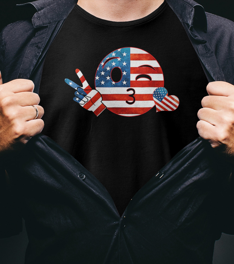Unique Peace Emoji Patriotic American Flag Kiss Heart T-Shirt