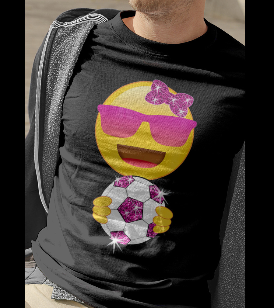 Cute Emoji With Sunglasses Holding A Sparkling Soccer Ball And Glitter Bow T-Shirt