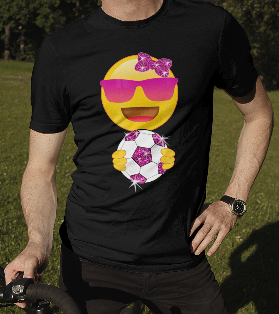 Cute Emoji With Sunglasses Holding A Sparkling Soccer Ball And Glitter Bow T-Shirt