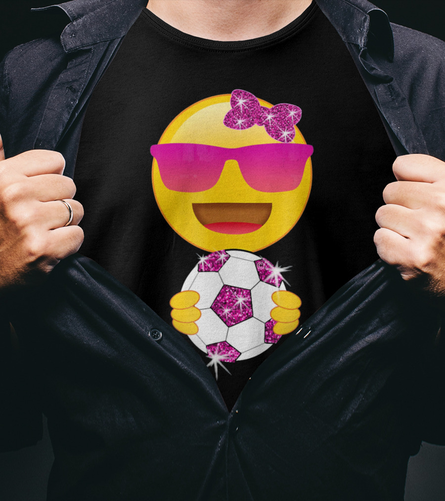 Cute Emoji With Sunglasses Holding A Sparkling Soccer Ball And Glitter Bow T-Shirt