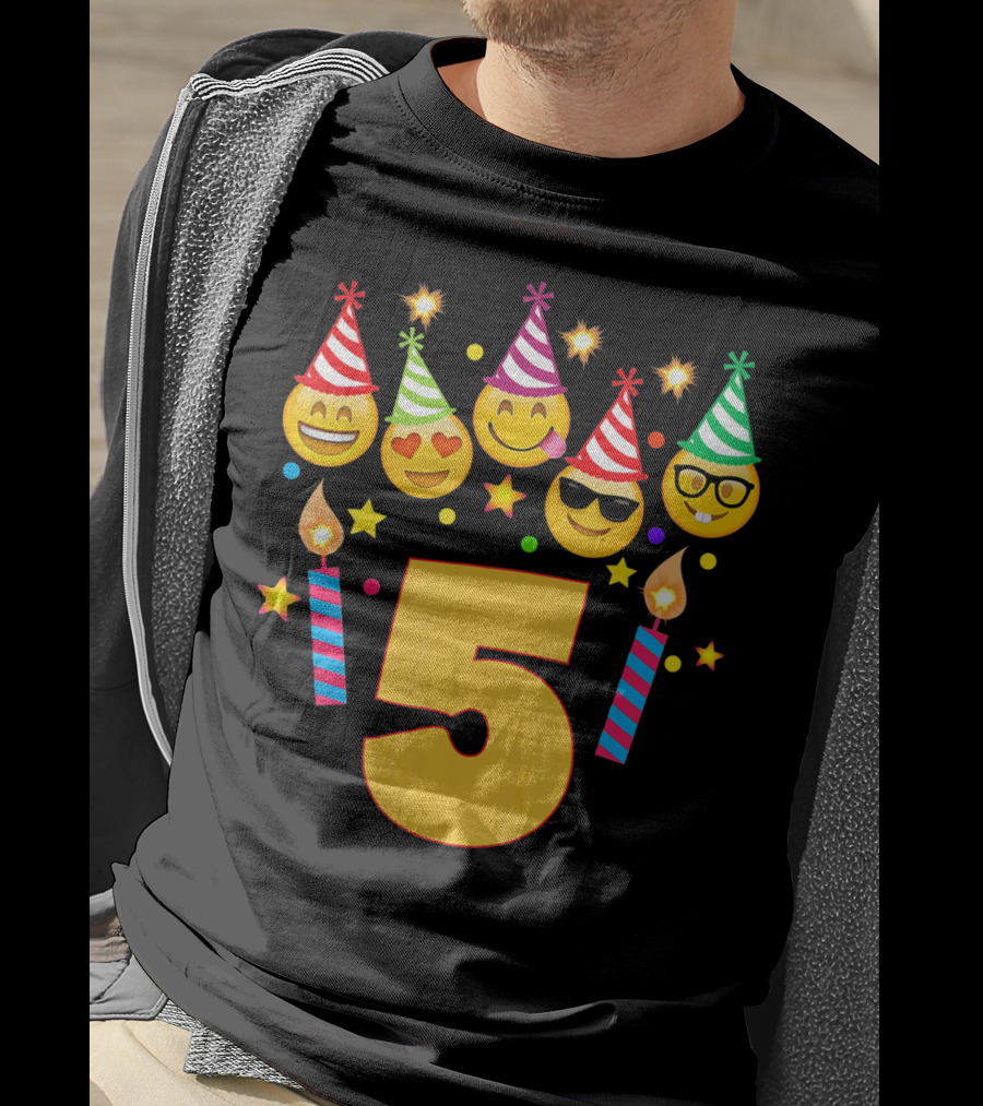 Five Year Old Birthday With Party Emoji Faces And Candles T-Shirt