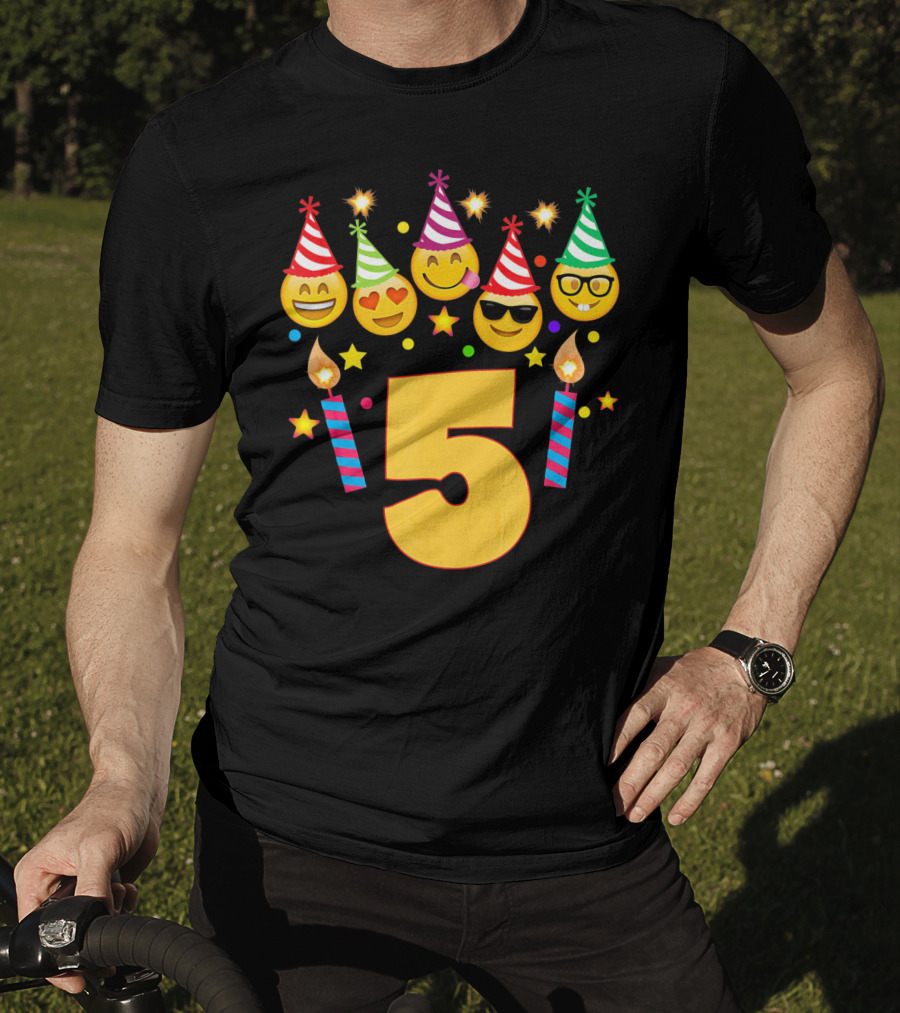 Five Year Old Birthday With Party Emoji Faces And Candles T-Shirt