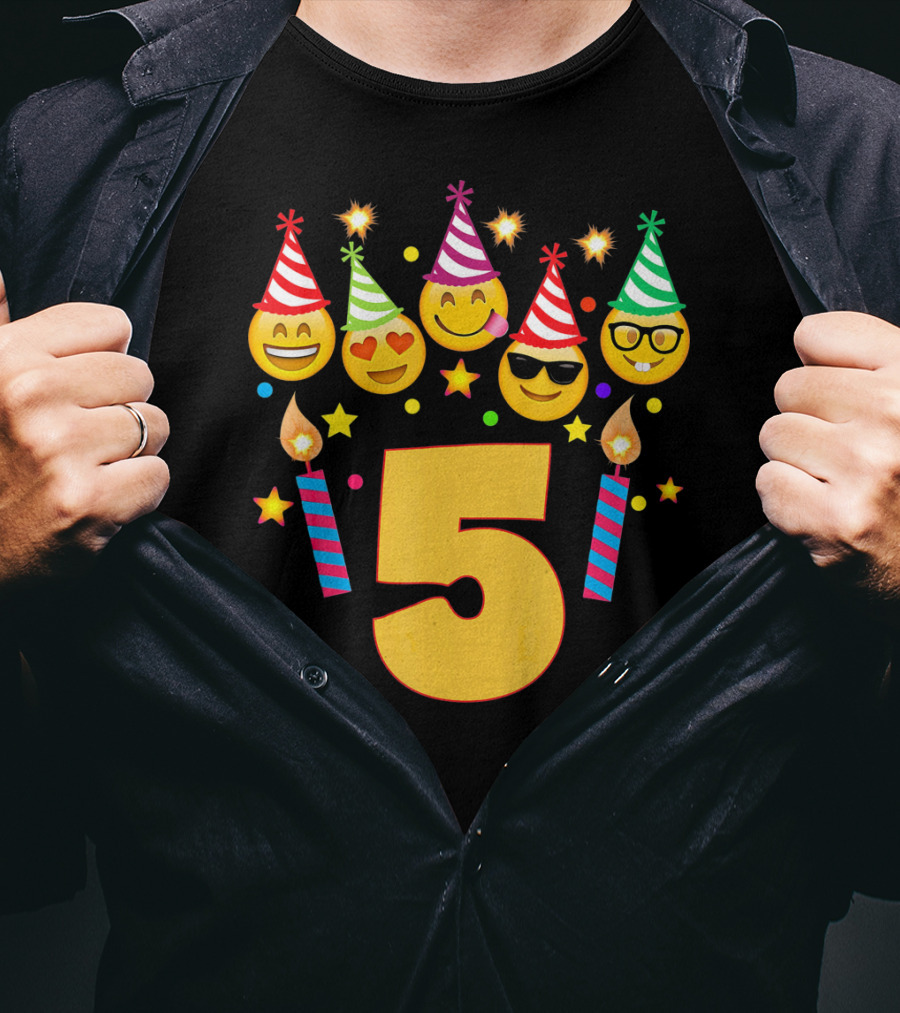 Five Year Old Birthday With Party Emoji Faces And Candles T-Shirt