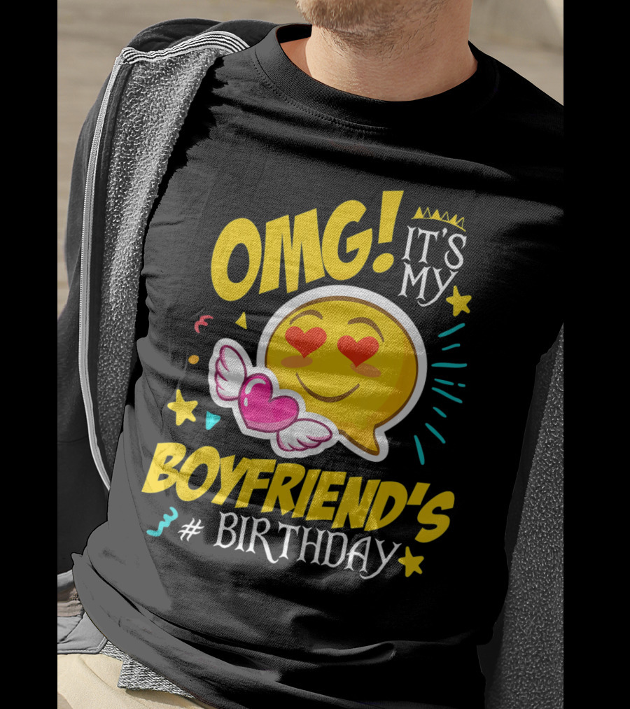 OMG It's My Boyfriend's Birthday Cool Emo Emoji Hearts Wings T-Shirt