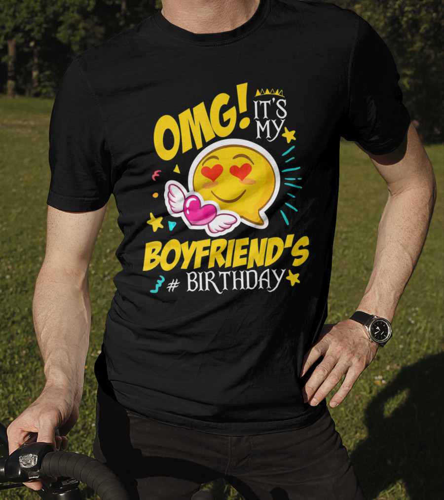 OMG It's My Boyfriend's Birthday Cool Emo Emoji Hearts Wings T-Shirt